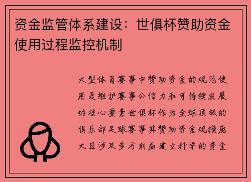 资金监管体系建设：世俱杯赞助资金使用过程监控机制